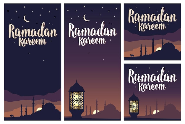 Ramadan Kareem Napis Z Lampowymi Minaretami Półksiężyc Na Niebie