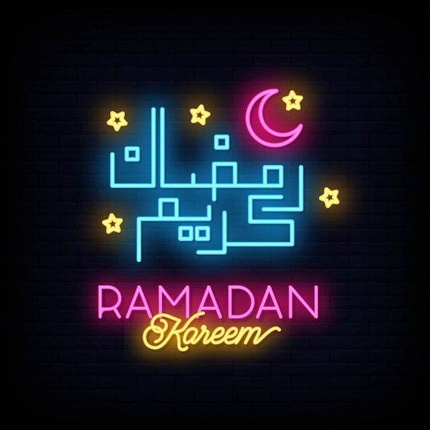 Ramadan Kareem Neon Znak Wektor Z Napisem I Półksiężycem I Gwiazdą