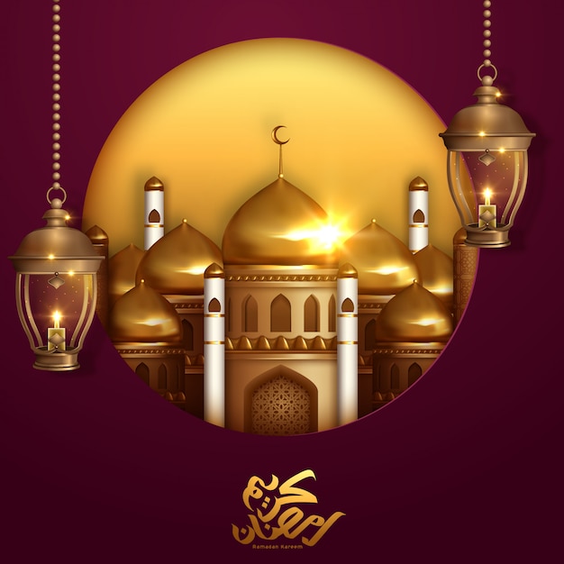 Ramadan kareem plakat, arabska kaligrafia z wiszącymi latarniami ramadan.