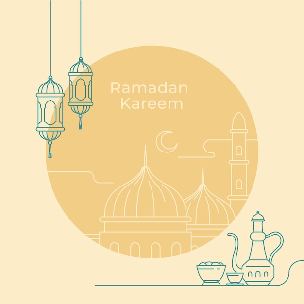 Ramadan Kareem Plakat Z Meczetem I Ilustracją Monoliną Latarni Na Festiwal Postu Islamu