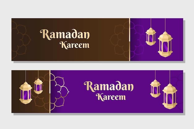 Plik wektorowy ramadan kareem projekt banera internetowego ze złotymi lampionami na fioletowym i brązowym tle