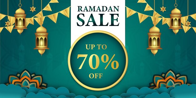 Ramadan kareem sprzedaż banera projekt nagłówka strony internetowej z wiszącym szablonem skomplikowanych lampionów