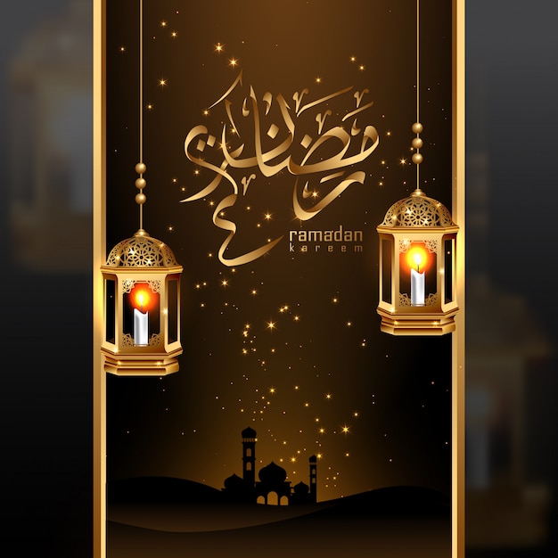 Ramadan kareem tło, arabska kaligrafia ze złotymi latarniami ramadan