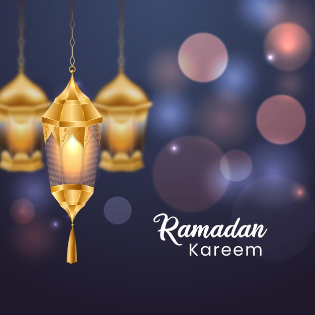 Ramadan Kareem Tło Bokeh Z Realistycznymi Złotymi Latarniami