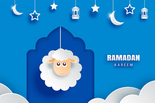 Plik wektorowy ramadan kareem tło kartki powitalnej eid mubarak papier sztuka banner ilustracja projekt