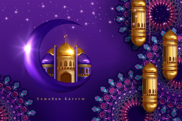 Ramadan kareem tło ze złotą arabską latarnią i złotym ozdobnym półksiężycem