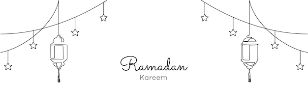 Ramadan Kareem W Jednym Ciągłym Rysunku Linii Islamska Dekoracja Garlang Z Latarnią I Gwiazdami W Prostym Liniowym Stylu Obchody Muzułmańskiego święta Religijnego Edytowalny Obrys Wektor Konturu