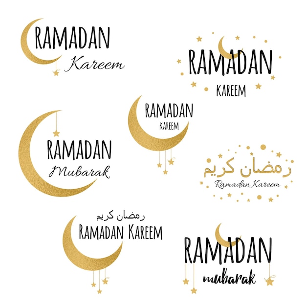 Ramadan Kareem Wektor Typograficzny Zestaw Do Projektowania Kaligrafii I Napisów Ze Złotym Półksiężycem I Gwiazdami