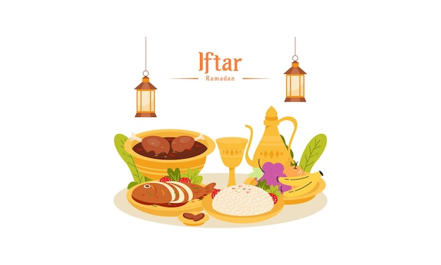 Ramadan Kareem z ilustracją jedzenia na czczo Iftar