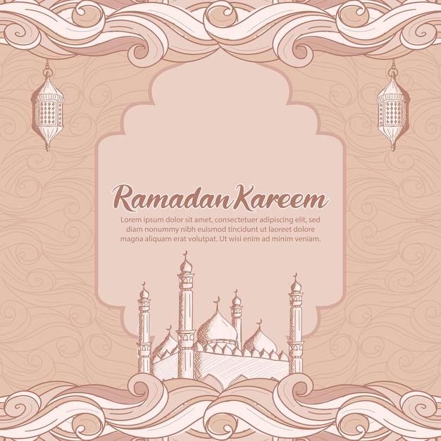 Ramadan Kareem Z Ręcznie Rysowaną Islamską Ilustracją Meczetu I Latarni