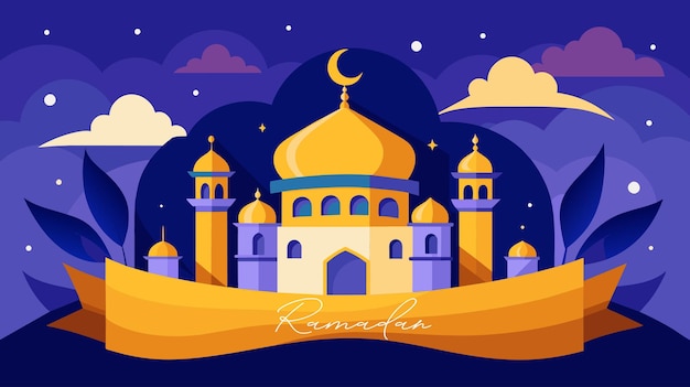 Ramadan Kareem z żywą ilustracją meczetu pod nocnym niebem