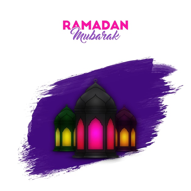 Ramadan Mubarak Concept Z Arabskimi Latarniami I Fioletowym Efektem Pociągnięcia Pędzlem Na Białym Tle