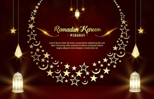 Ramadan Mubarak Ilustracyjny Sztandar Z Pięknym Błyszczącym Złotym Islamskim Ornamentem I Abstrakcyjnym Gradientowym Ciemnoczerwonym Tłem