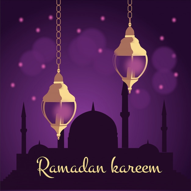 Ramadan Mubarak, Meczet Z Lampami I Ornamentami Ilustracyjnymi