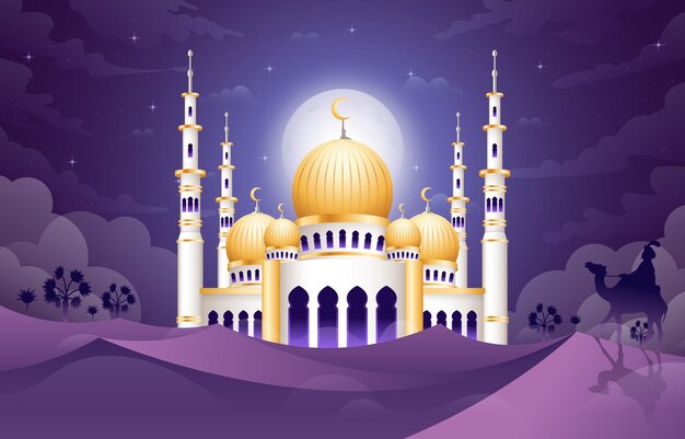 Plik wektorowy ramadan mubarak tło z meczetem na pustyni