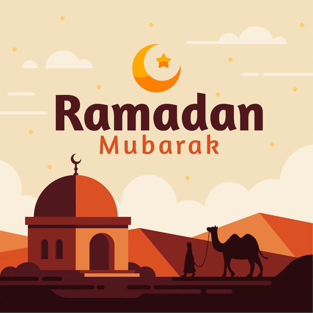 Ramadan Mubarak Tło Z Płaską Meczetową Wielbłąda I Pustyni Ilustracją