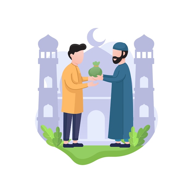 Plik wektorowy ramadan płaci zakat i dzieli się z inną koncepcją ilustracyjną, muzułmanin dający zakat podczas ramadanu