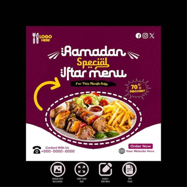 Ramadan specjalne menu iftar projektowanie jedzenia i szablon postów w mediach społecznościowych