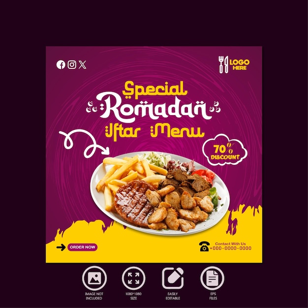 Ramadan specjalne menu iftar projektowanie jedzenia i szablon postów w mediach społecznościowych
