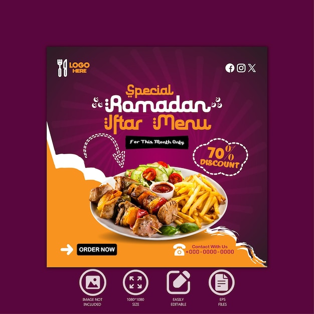 Ramadan specjalne menu iftar projektowanie jedzenia i szablon postów w mediach społecznościowych