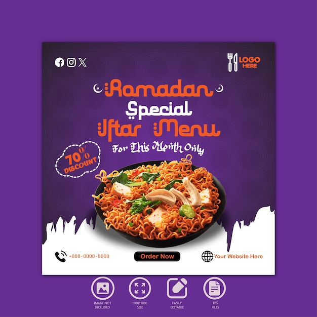 Ramadan specjalne menu iftar projektowanie jedzenia i szablon postów w mediach społecznościowych