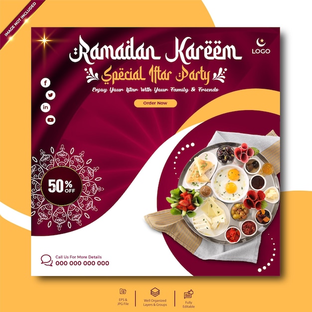 Ramadan specjalne menu żywności post w mediach społecznościowych lub kwadratowy szablon ulotki
