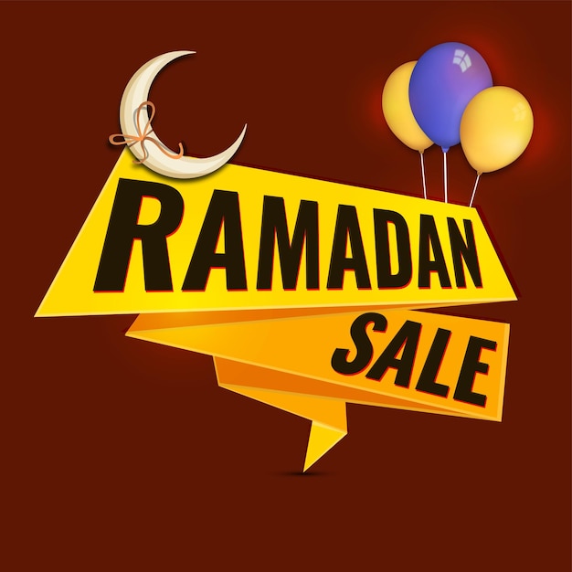 Plik wektorowy ramadan sprzedaż wstążka z półksiężycem i realistycznymi balonami na czerwono-brązowym tle projekt plakatu reklamowego