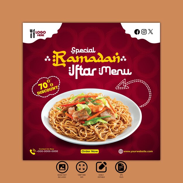 Ramadanu specjalny iftar menu projektowanie jedzenia i wzór postów w mediach społecznościowych