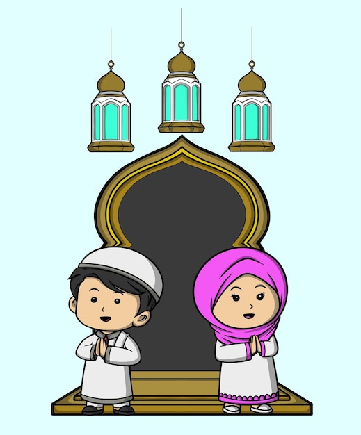 Plik wektorowy ramadhan idul fitri kartun anak muzułmanin