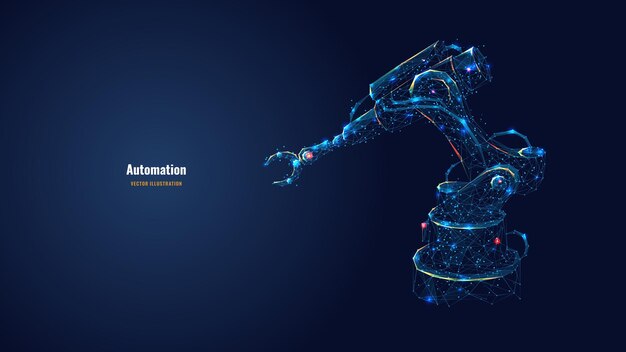 Plik wektorowy ramię robota w ciemnoniebieskim tle koncepcja automatyzacji wielokątny model szkieletowy z liniami i kropkami