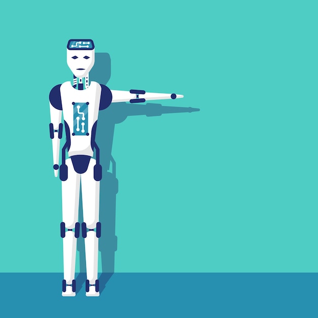 Ramię robota wskazujące kierunek Gest ręki Sztuczna inteligencja Ilustracja wektorowa Płaska konstrukcja izolowany na białym tle Robot pokazuje drogę