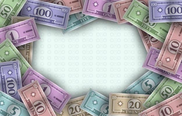 ramka fioletowych i zielonych banknotów dolarowych z liczbą 10 na dole