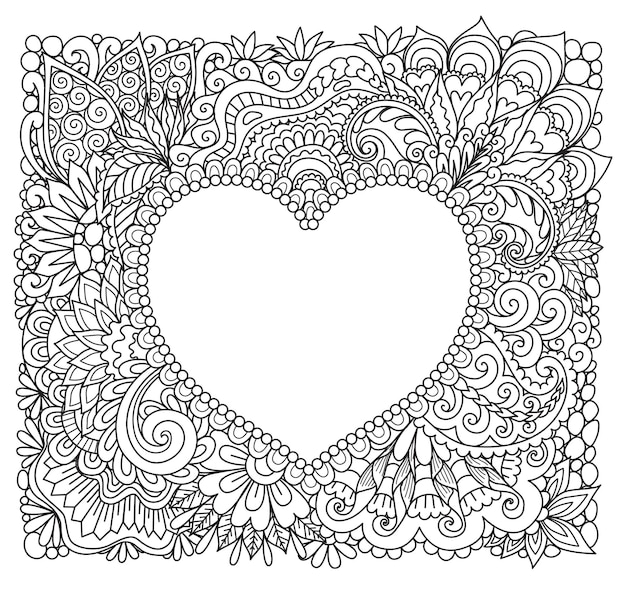 Ramka w kształcie serca Mandala do nadruku, grawerowania lub kolorowania. Ilustracja wektorowa