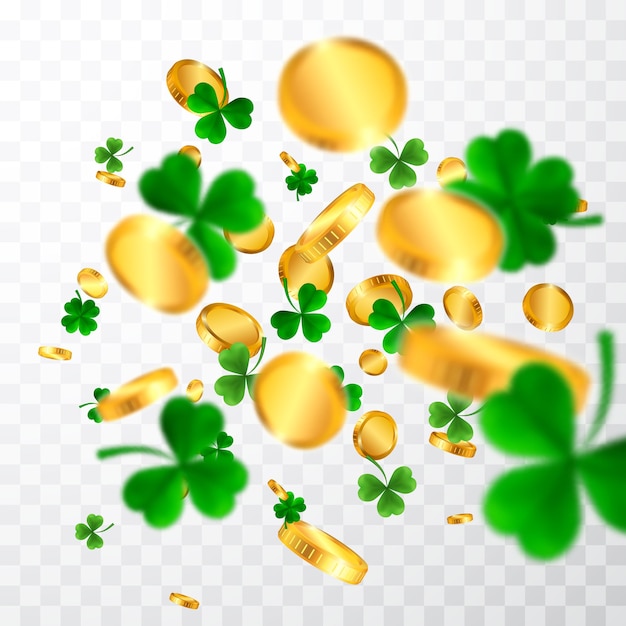 Ramka Z Okazji Dnia świętego Patryka Z Zieloną Czwórką, Koniczynkami I Złotymi Monetami Irlandzkie Symbole Szczęścia I Sukcesu.