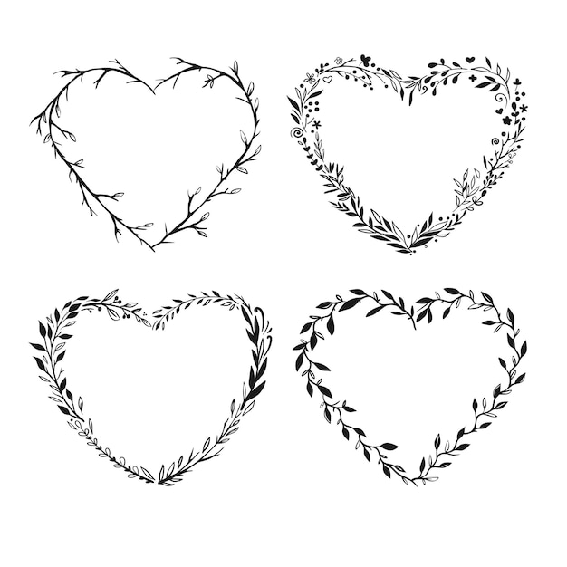 Plik wektorowy ramki w kształcie serca na białym ręcznie rysowane rustykalne ramki kwiatowe wektor romantyczne ramki