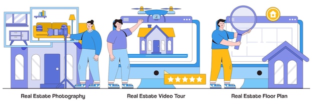 Real Estate Photography Video Tour Plan piętra z ilustracjami ludzi i postaci