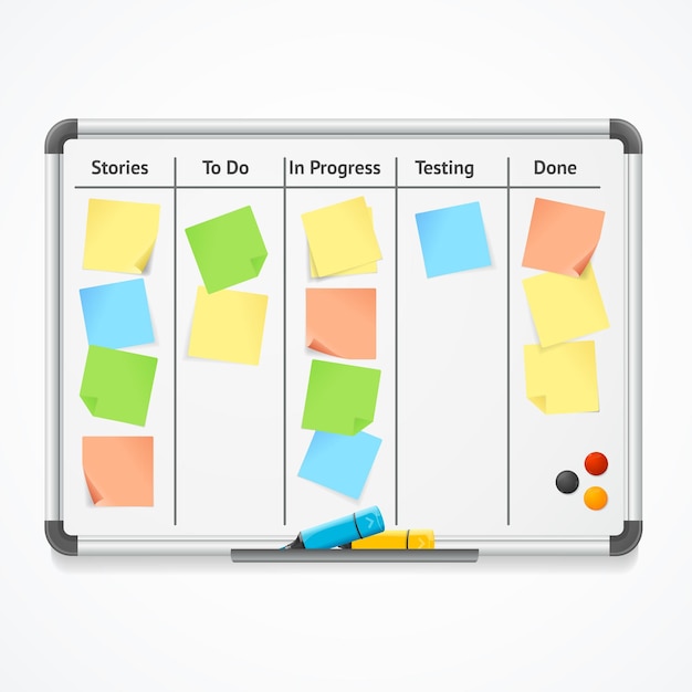 Realistyczna 3d Szczegółowa Tablica Kanban Z Kolorowymi Karteczkami I Znacznikami Wektorowymi