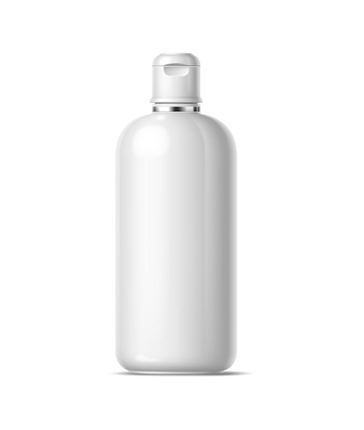 Realistyczna butelka produktu kosmetycznego, pojemnik plastikowy izolowany makietka wektora 3d. Elegantne i eleganckie opakowanie kosmetyczne z zabezpieczoną czapką do bezpiecznego przechowywania. Doskonałe do przechowywania płynnej produkcji piękności