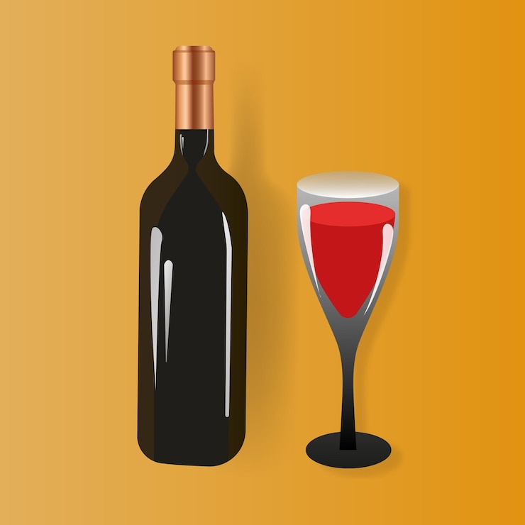 Wektor realistyczna butelka wina ze szkłem makieta marki współczesny marketingowy szablon napoju alkohol relaks szampan wakacje pomarańczowe tło 3d izometryczna ilustracja