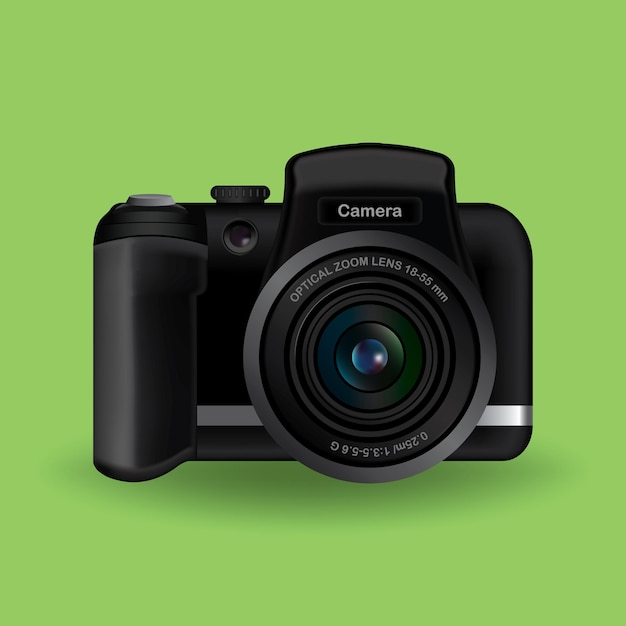 Realistyczna czarna kamera DSLR z widokiem przednim szczegółowy obiektyw i ilustracja wektorowa konstrukcji nadwozia