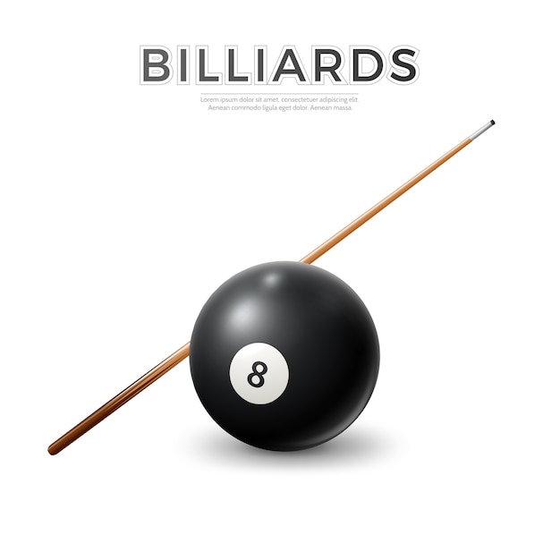 Plik wektorowy realistyczna czarna kula bilardowa z kijem. snooker wektor, symbole puli.