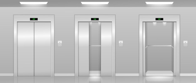 Plik wektorowy realistyczna d szczegółowa winda z otwartymi i zamkniętymi metalowymi drzwiami nowoczesne wnętrze biura lub hotel...