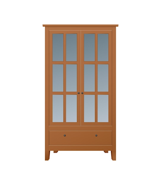 Realistyczna ikona brązowej drewnianej szafki z szufladą i szklanymi drzwiami na białym tle ilustracji wektorowych