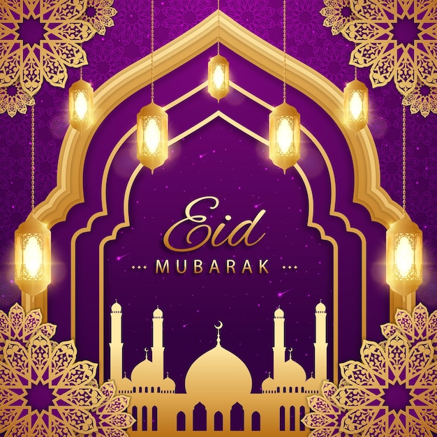 Realistyczna ilustracja eid mubarak z meczetem i latarnią