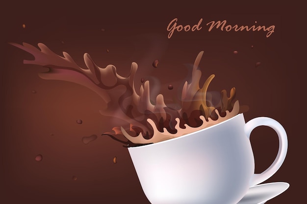 realistyczna kawa splash hot americano napój dzień dobry koncepcja pozioma ilustracja wektorowa