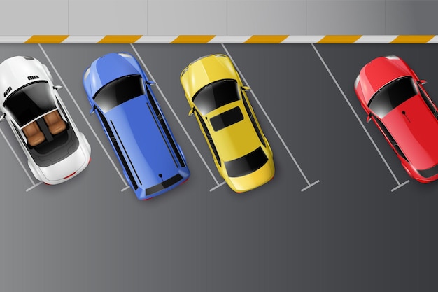 Realistyczna Kompozycja Widoku Z Góry Samochodów Ze Znakami Miejsc Parkingowych Na Nawierzchni Asfaltowej I Kolorowymi Pojazdami Silnikowymi