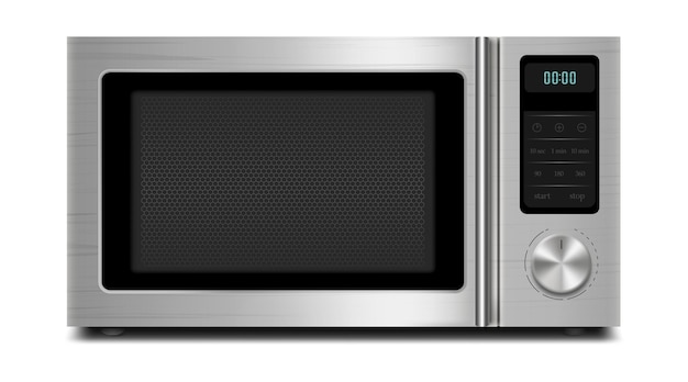 Realistyczna kuchenka mikrofalowa na białym tle z przodu widok z przodu ze stali nierdzewnej ponad zakres kuchenka mikrofalowa gospodarstwa domowego kuchnia i urządzenia domowe innowacja domu wektor 3d
