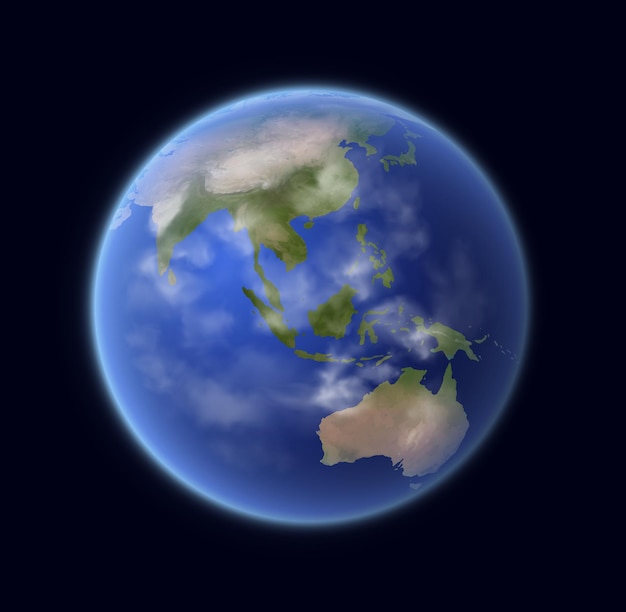 Realistyczna kula ziemska, planeta 3d układu słonecznego z krajobrazem kontynentów, błękitną powierzchnią oceanu i chmurami. Obiekt astronomiczny w kosmosie, kula ziemi renderowanie na białym tle na czarnym tle