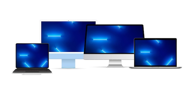 Realistyczna makieta wektorowa Cyfrowy tablet Telefon komórkowy Smart Phone Laptop i monitor komputera