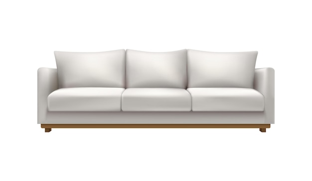 Realistyczna miękka nowoczesna sofa w kolorze białym z ilustracji wektorowych poduszki